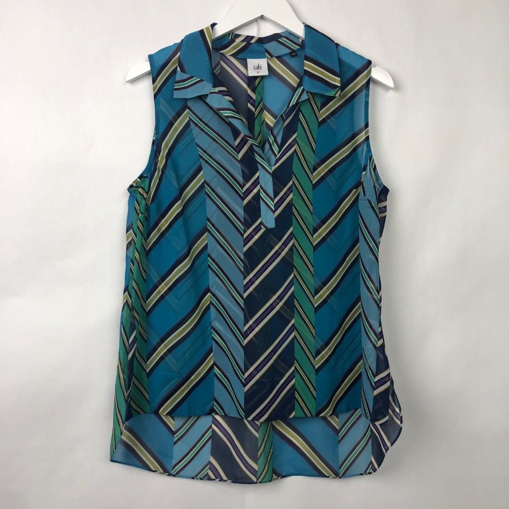 CAbi Blue Multi Diagonal Stripe Collared Sleeveless Blouse Size Medium - Picture 1 of 14